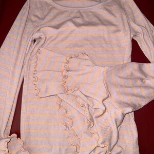 Free People Striped Ruffle Sleeve Top in Pink and Cream